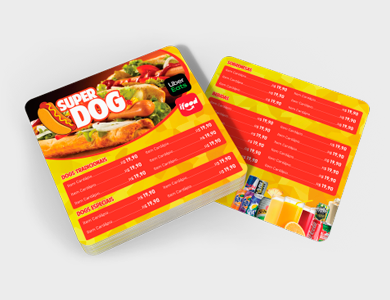 Cardápio com 2 Páginas (1 Folha) em PVC 0,5mm Fosco Frente e Verso 14,4x14,4cm - 4x4 - 10 unid